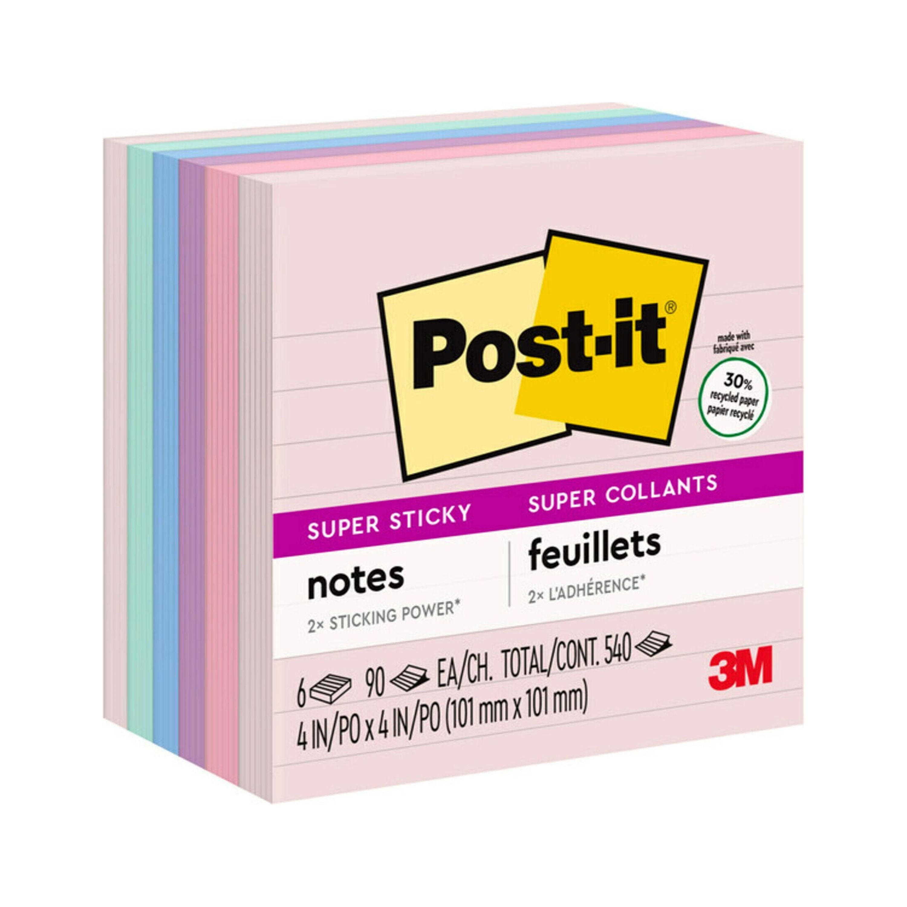 Post-it® 100% Recycled Paper Super Sticky Notes, 4 x 4