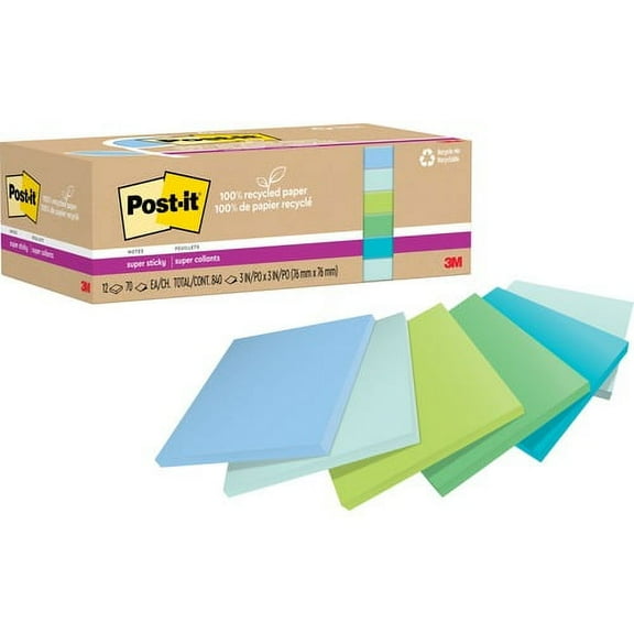 Post-it® Recycled Super Sticky Notes - 70 - 3" x 3" - Square - 70 Sheets per Pad - Assorted Oasis - Adhesive - 12 / Pack | Bundle of 2 Packs