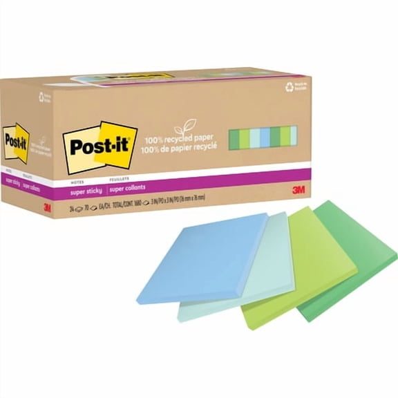 Post-it Recycled Super Sticky Notes - 70 - 3" x 3" - Square - 70 Sheets per Pad - Assorted Oasis - Adhesive - 24 / Pack | Bundle of 5 Packs