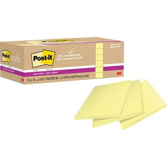 Post-it Recycled Super Sticky Notes - 70 - 3" x 3" - Square - 70 Sheets per Pad - Canary Yellow - Adhesive - 12 / Pack | Bundle of 10 Packs
