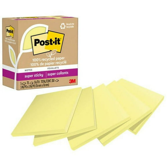 Post-it® Recycled Super Sticky Notes - 70 - 3" x 3" - Square - 70 Sheets per Pad - Canary Yellow - Adhesive - 5 / Pack | Bundle of 10 Packs