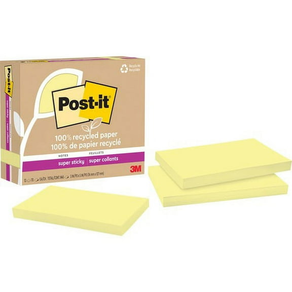 Post-it® Recycled Super Sticky Notes - 90 - 3" x 5" - Rectangle - 90 Sheets per Pad - Canary Yellow - Adhesive - 5 / Pack | Bundle of 10 Packs