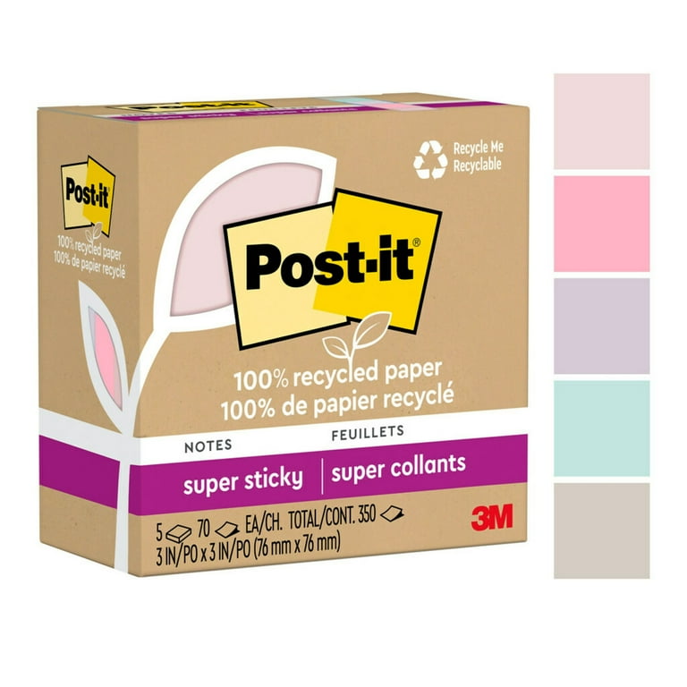 100% Recycled Paper Super Sticky Notes, 3 100% Recycled Paper Super Sticky Notes, 3