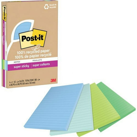 Post-it® Super Sticky Adhesive Note - 180 - 4" x 6" - 45 Sheets per Pad - Assorted Oasis - Removable, Repositionable, Recyclable - 4 Pad | Bundle of 5 Packs