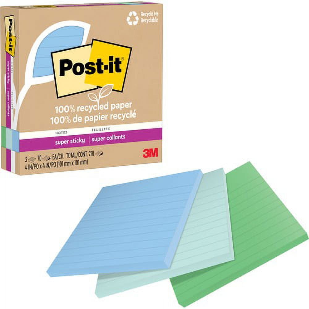 Post-it® Super Sticky Adhesive Note - 210 - 4" x 4" - Square - 70 Sheets per Pad - Ruled - Assorted Oasis - Removable, Repositionable, Recyclable - 3 Pad | Bundle of 2 Packs