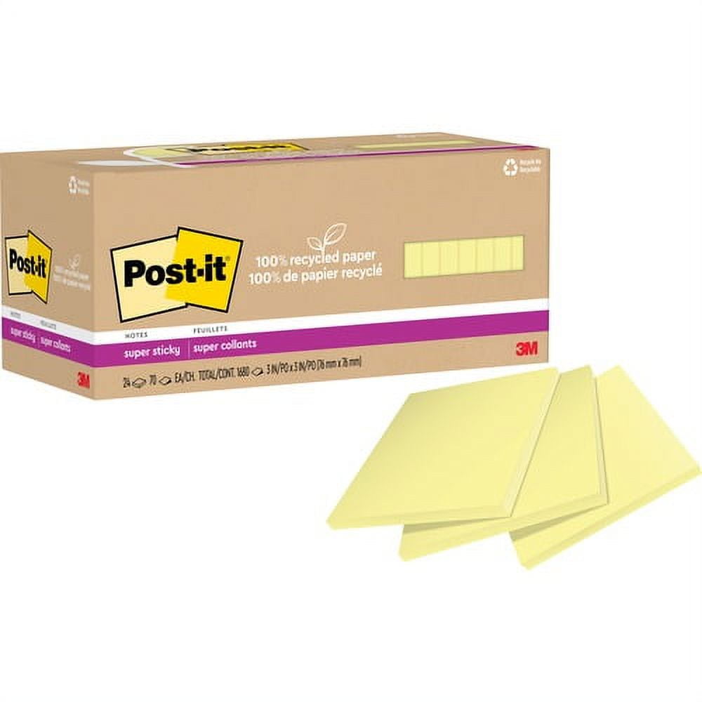 Post-it® Super Sticky Adhesive Note - 3" x 3" - Square - 70 Sheets per Pad - Canary Yellow - Repositionable - 24 / Pack | Bundle of 5 Packs