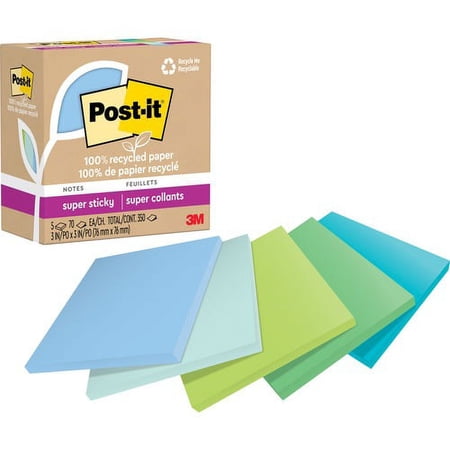Post-it® Super Sticky Adhesive Note - 350 - 3" x 3" - Square - 70 Sheets per Pad - Assorted Oasis - Removable, Repositionable, Recyclable - 5 Pad | Bundle of 10 Packs
