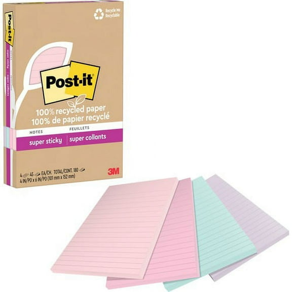 Post-it Super Sticky Adhesive Note - 4" x 6" - Rectangle - 45 Sheets per Pad - Assorted Wanderlust Pastel - Repositionable - 4 / Pack | Bundle of 10 Packs