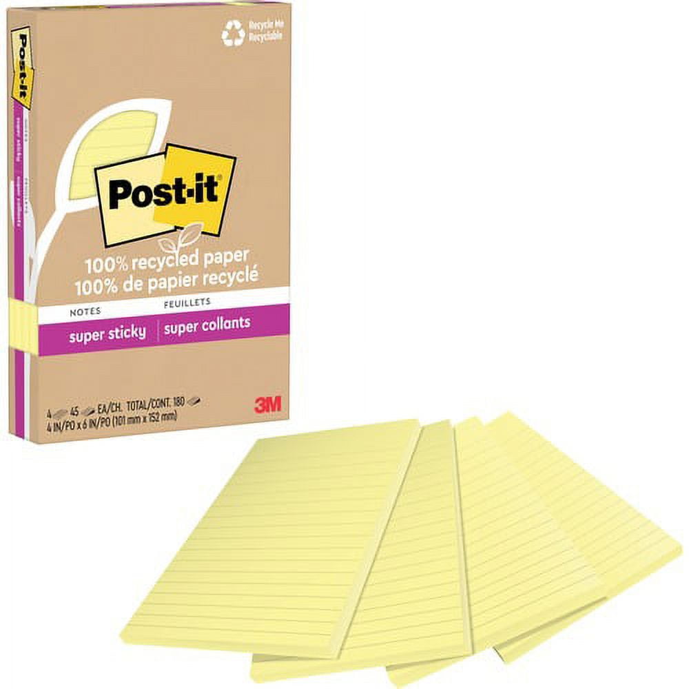 Post-it® Super Sticky Adhesive Note - 4" x 6" - Rectangle - 45 Sheets per Pad - Canary Yellow - Repositionable - 4 / Pack | Bundle of 5 Packs
