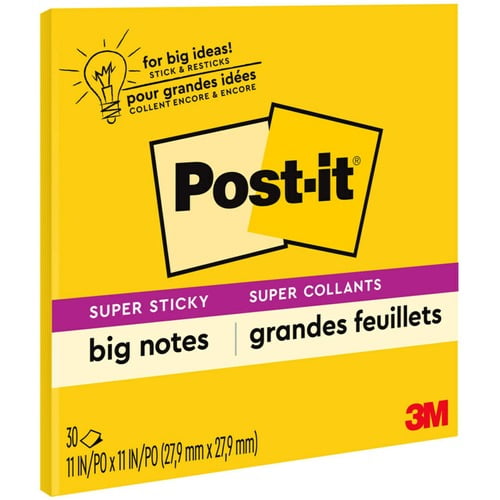 Post-it® Super Sticky Big Notes, 10 63/64" Flag/Note Width x 10 63/64" Flag/Note Length, Square, 30 Sheets per Pad, Canary Yellow (BN11) | 2-Pack (2 Total)