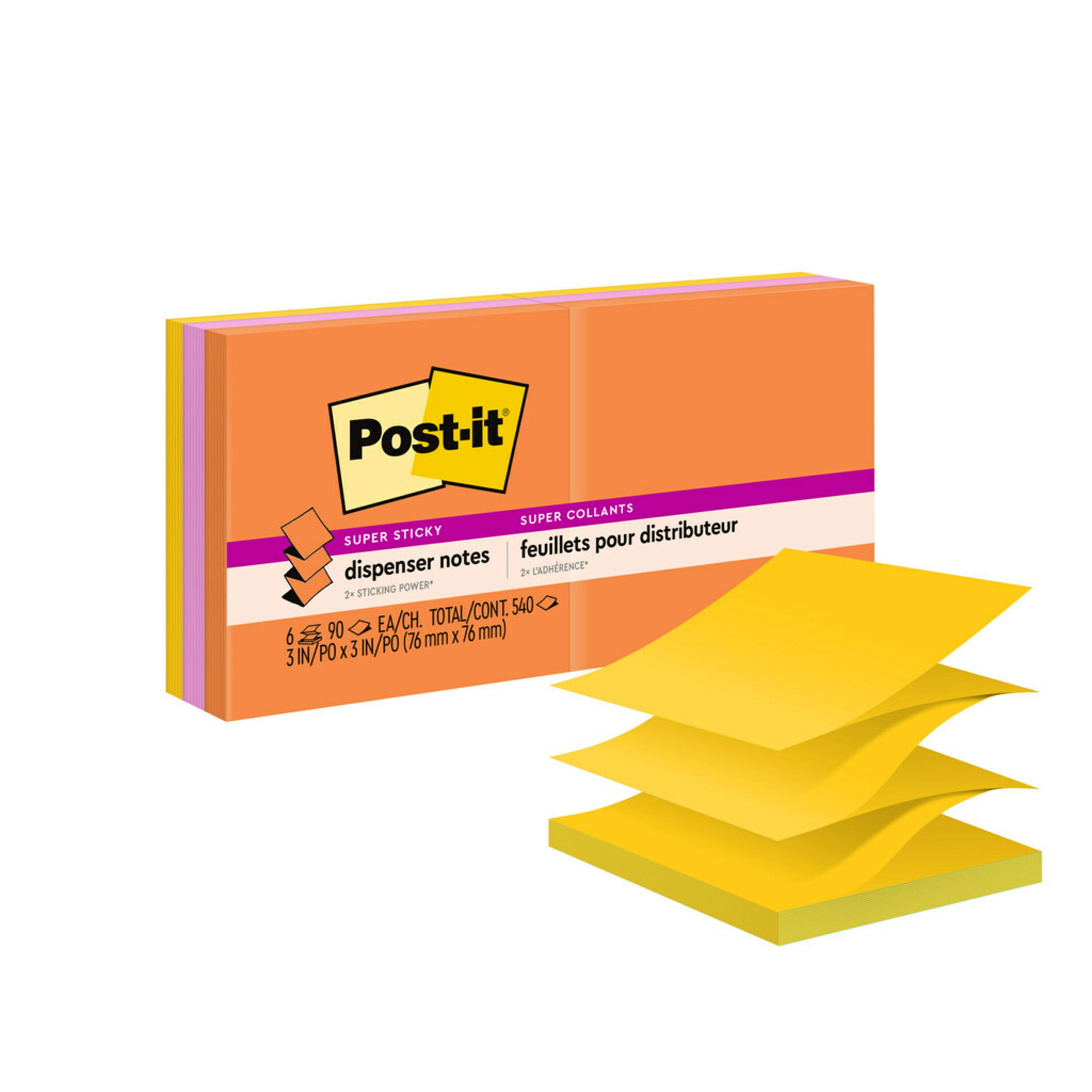 Post-it Super Sticky Dispenser Notes, 3 in x 3 in, Energy Boost Collection, 6 Pads/Pack
