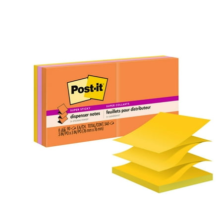 Post-it® Super Sticky Dispenser Notes, 3 in x 3 in, Energy Boost Collection, 6 Pads/Pack