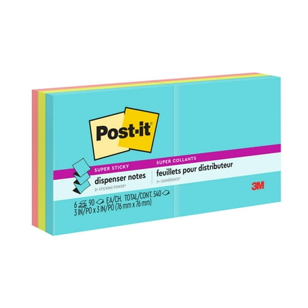 Post-it Super Sticky Dispenser Notes, Supernova Neons, 3 in. x 3 in., 6 Pads