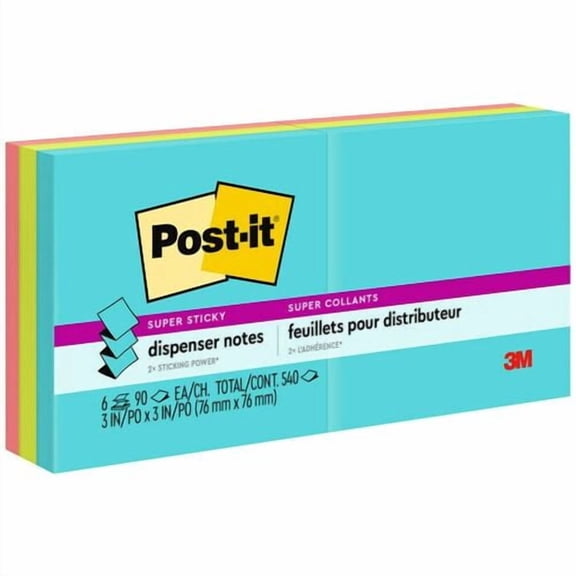 Post-it Super Sticky Dispenser Notes - Supernova Neons Color Collection, 540 x Multicolor, 3" Flag/Note Width x 3" Flag/Note Length, Rectangle (R3306SSMIA) | 10 Packs