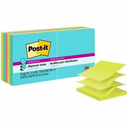Post-it Super Sticky Dispenser Notes - Supernova Neons Color Collection, 900 x Multicolor, 3" Flag/Note Width x 3" Flag/Note Length, Rectangle (R33010SSMIA) | 10 Packs