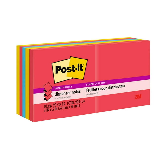 Post-it Super Sticky Dispenser Pop-up Notes, 3 in x 3 in, Playful Primaries, 10 Pads