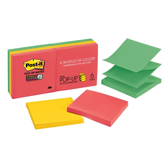 Post-it Super Sticky Dispenser Pop-up Notes R330-6SSAN, Playful Primaries Collection, 3 in. x 3 in., 6 Pads/Pack, 90 Sheets/Pad