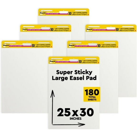 Post-it Super Sticky Easel Pad, 25 x 30 Inches, 30 Sheets/Pad, 6 Pads, Large White Premium Self Stick Flip Chart Paper, Super Sticking Power (559VAD6PK)