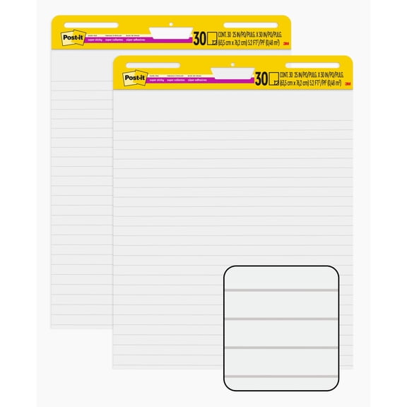 Post-it Super Sticky Easel Pad, White, Lined, 25 in .x 30 in., 2 Pads
