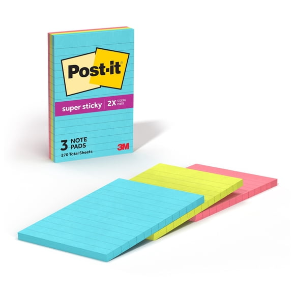 Post-it Notes Super Sticky 6603SSMIA Super Sticky Pads Miami Colors 4 x 6 Miami 90/Pad, 3 Pds/PK