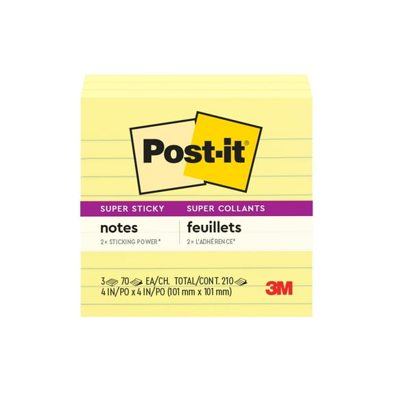 Post-it Super Sticky Lined Notes, 4 in x 4 in, Canary Yellow, 3 Pads