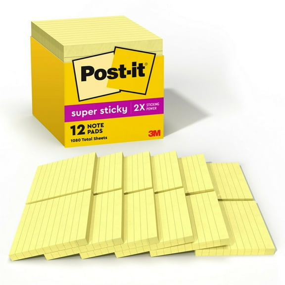Post-it Super Sticky Lined Notes, 4" x 4", Canary Yellow, 12 Pads