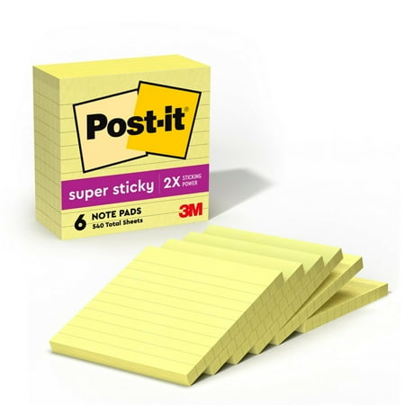Post-it Super Sticky Lined Notes, 4" x 4", Canary Yellow, 6 Pads