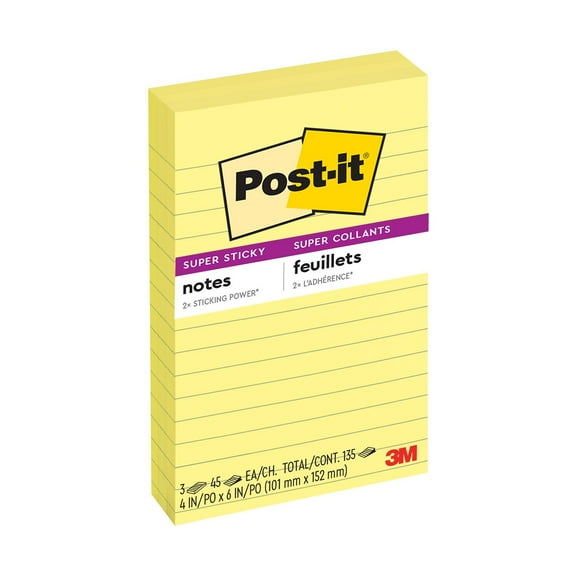 Post-it Super Sticky Lined Notes, 4" x 6", Canary Yellow, 3 Pack