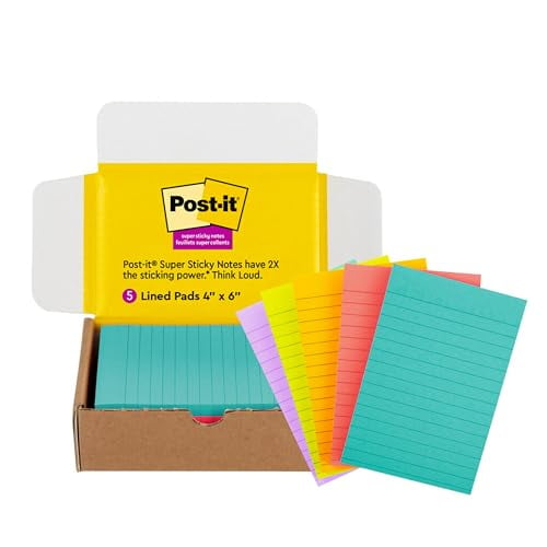 Postit Super Sticky Lined Notes, 5 Sticky Note Pads, 4x6 in, 2X the