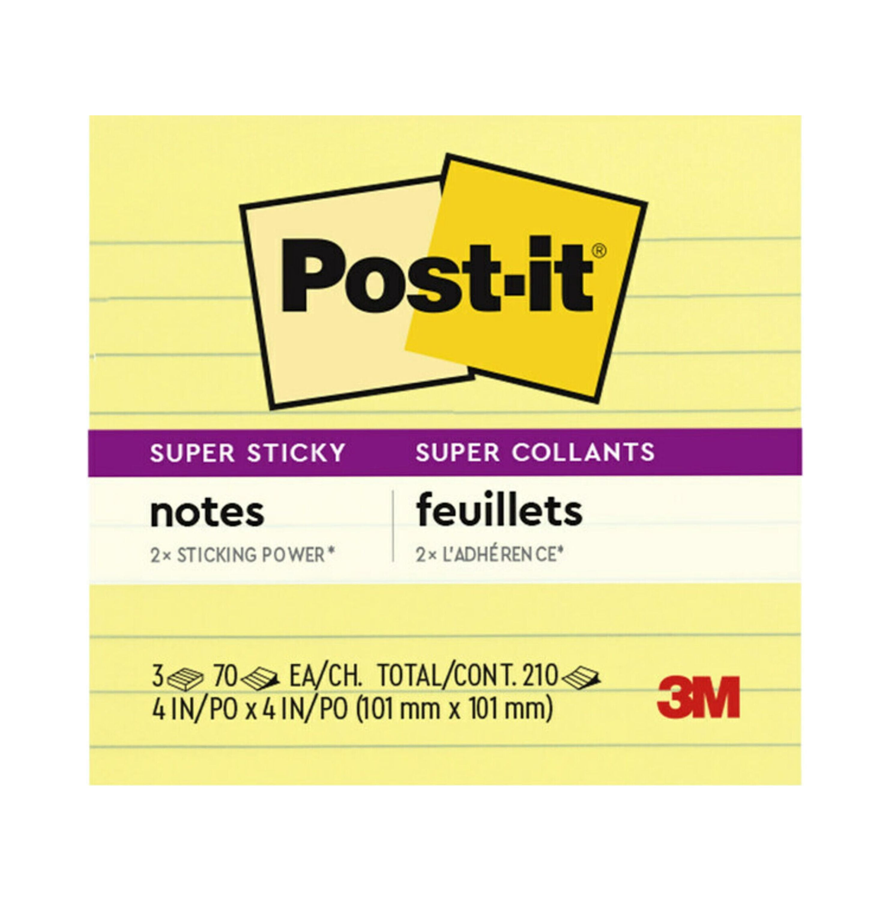 Post-it Super Sticky Lined Notes, Canary Yellow, 4 in. x 4 in., 70 Sheets,  3 Pads 