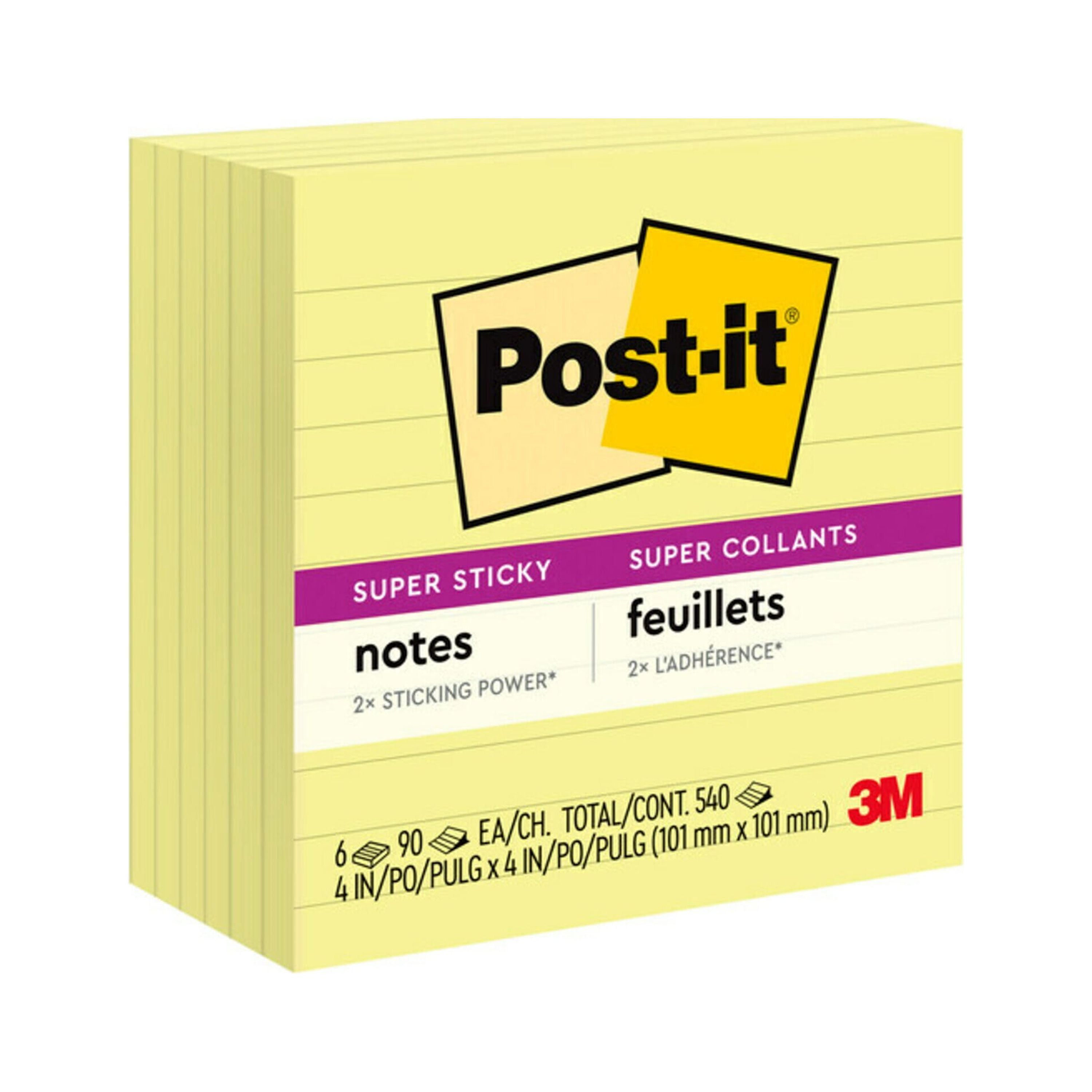 Postit Super Sticky Lined Notes, Canary Yellow, 4 in. x 4 in., 90 Sheets, 6 Pads