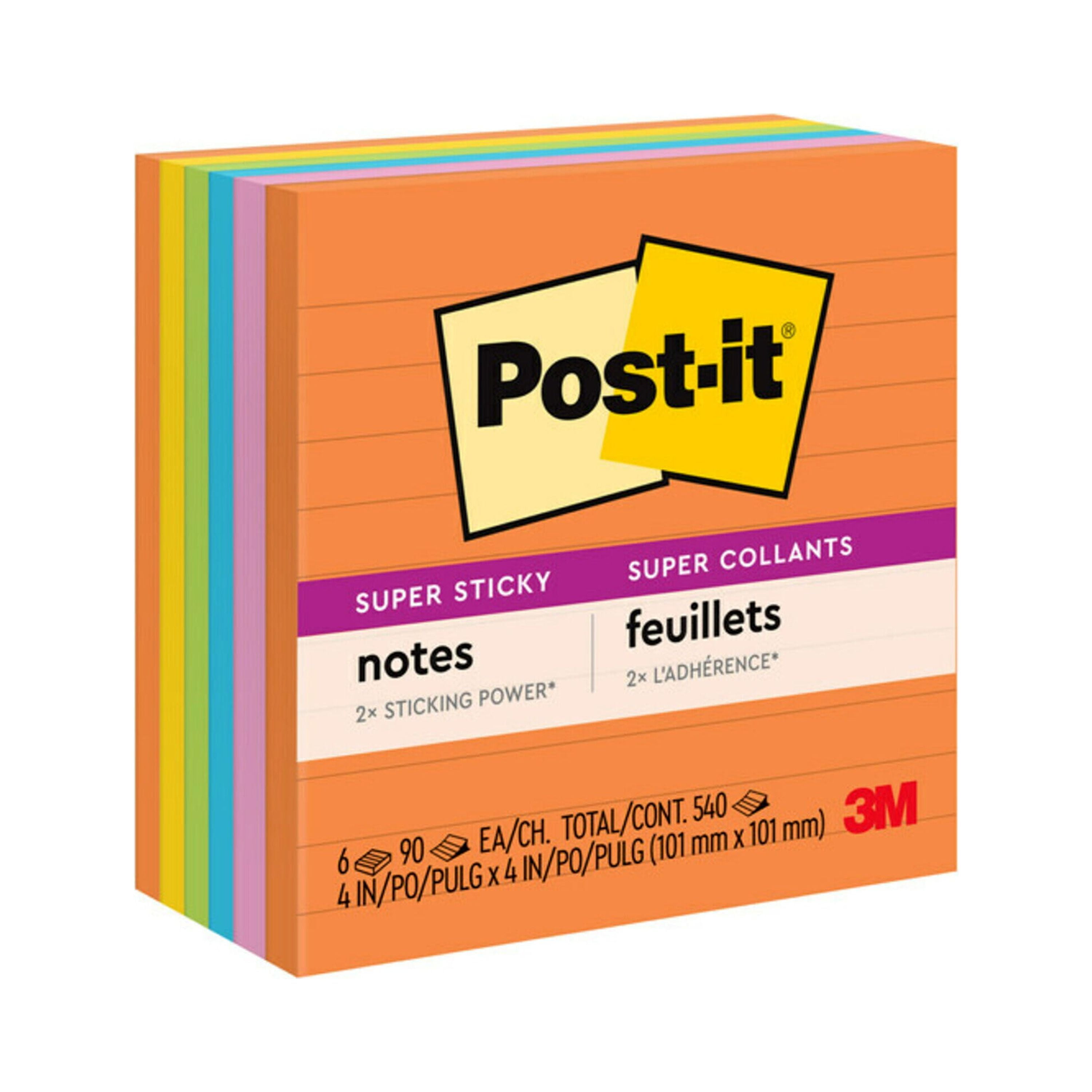 Post-it® Super Sticky Note Pads, 4x4, Lined, Asstd Colors, Six 90