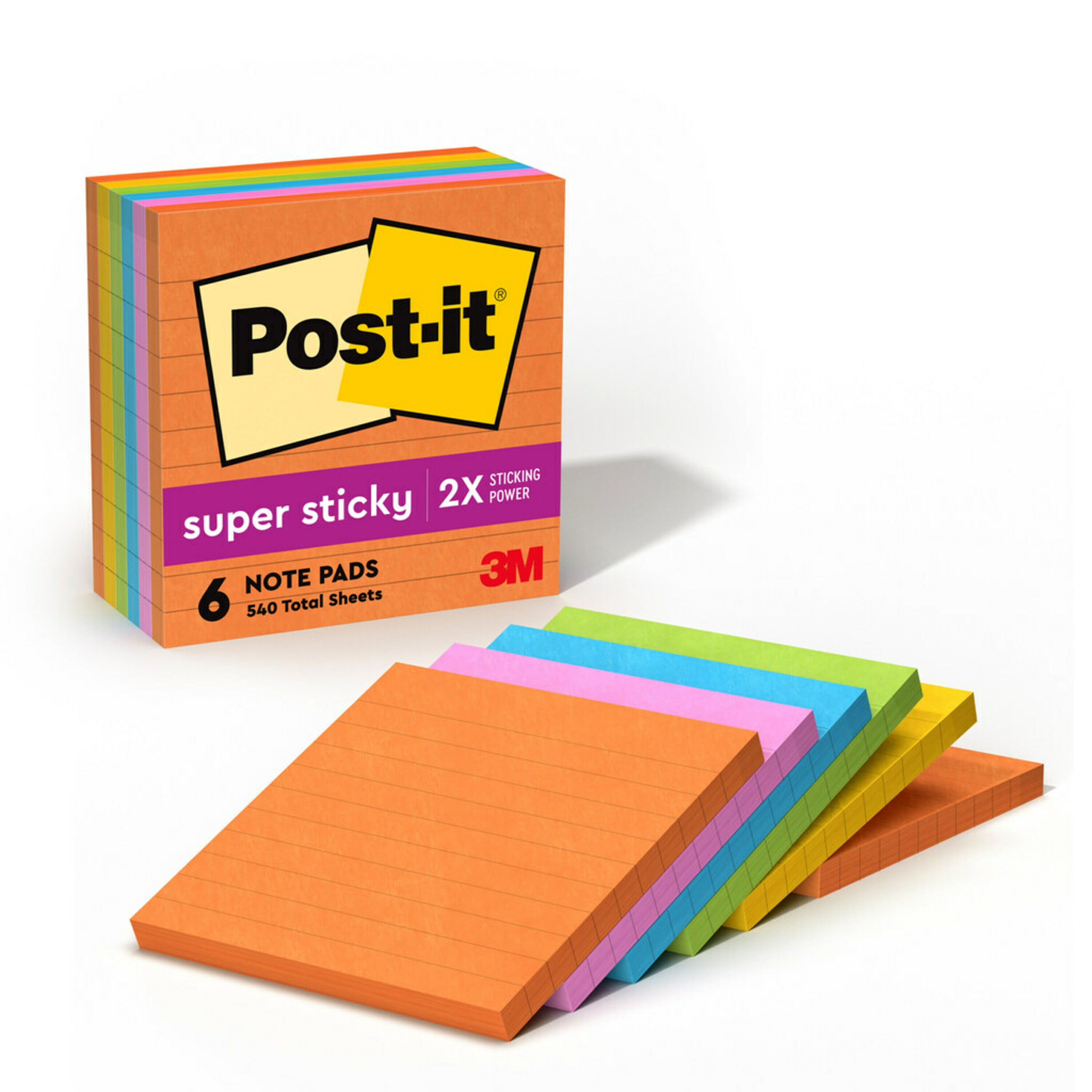 Post-it Notes Super Sticky 675-6SSUC Super Sticky Ultra Notes, 4 x 4, Lined, Five Colors, 6 90-Sheet Pads/Pack