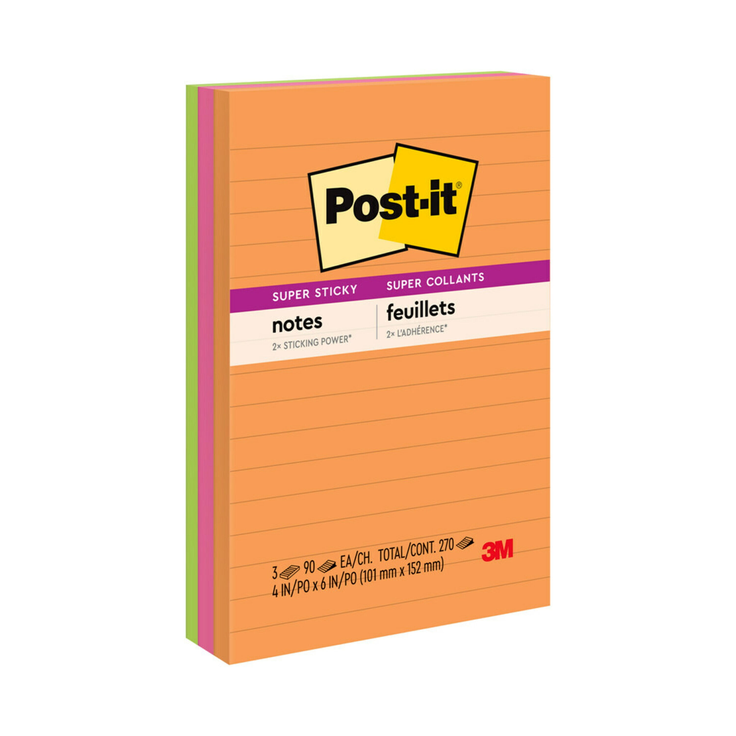 Post-it Super Sticky Lined Notes, Energy Boost Collection, 4 in. x 6 in.,  90 Sheets, 3 Pads 