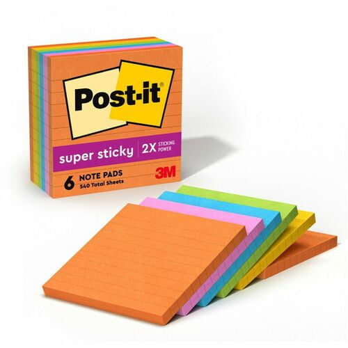 Post-it® Super Sticky Lined Notes - Energy Boost Color Collection, 4" Flag/Note Width x 4" Flag/Note Length, Square, 90 Sheets per Pad, Ruled (675-6SSUC) | 2 Packs (12 Total)