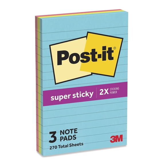 Post-it Super Sticky Lined Notes, Supernova Neons, 4 in. x 6 in., 3 Pads