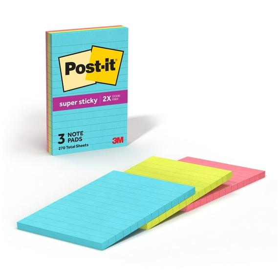 Post-it Super Sticky Lined Notes, Supernova Neons, 4 in. x 6 in., 3 Pads