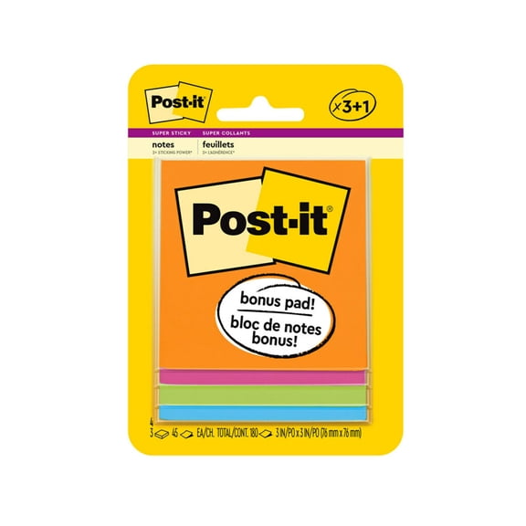 Post-it® Super Sticky Note Pads - Rio De Janeiro Collection - 135 - 3" x 3" - Square - 45 Sheets per Pad - Unruled - Assorted - Paper - Self-adhesive - 3 / Pack | Bundle of 5