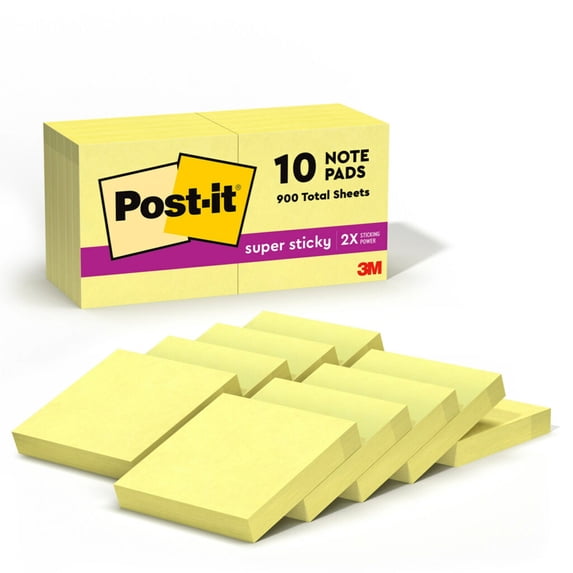 Post-it Super Sticky Notes, 2" x 2", Canary Yellow, 10 Pads/Pack