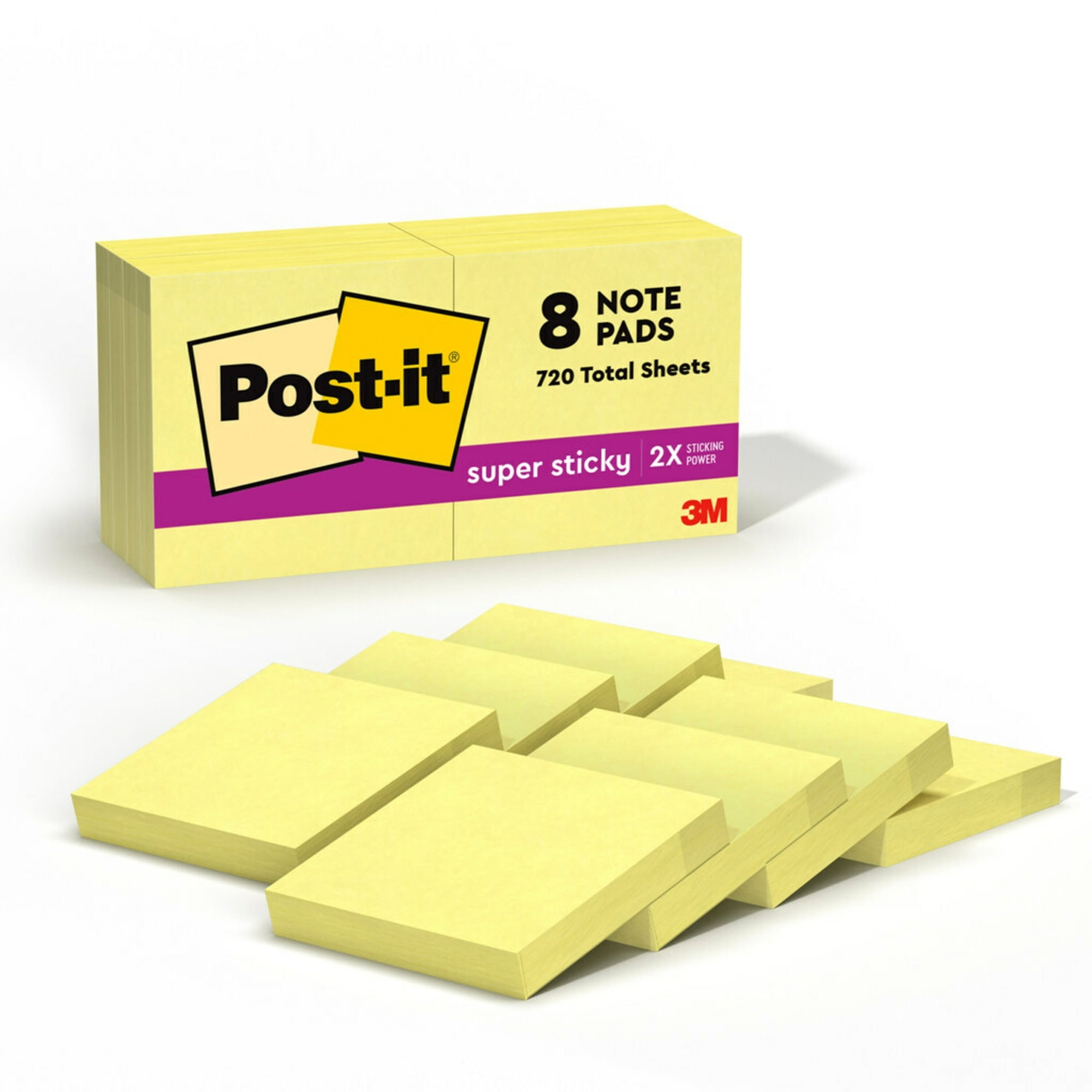 Post it Super Sticky Notes, 2 x 2, Canary Yellow, 90/Pad, 8 Ct