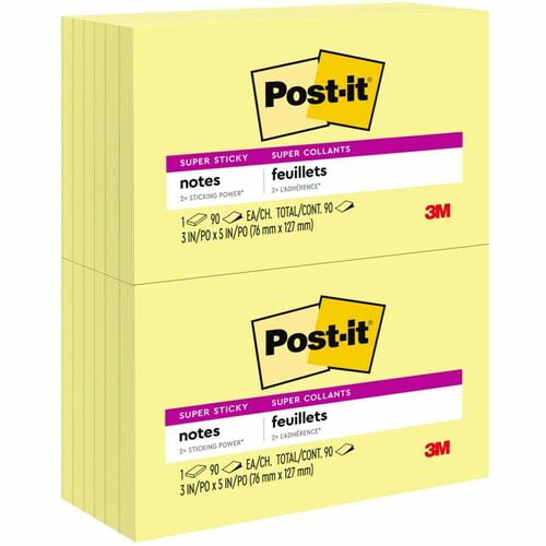 Post-it® Super Sticky Notes, 3" Flag/Note Width x 5" Flag/Note Length, Rectangle, 90 Sheets per Pad, Unruled, Yellow, Paper, Self-adhesive (655-12SSCY) | 2 Packs (24 Total)