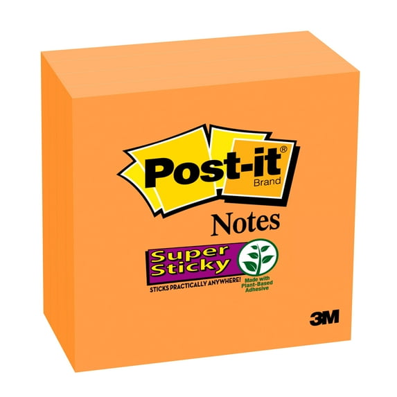 Post-it® Super Sticky Notes, 3 in x 3 in, 4 Pads/Pack, 90 Sheets/Pad, Neon Orange