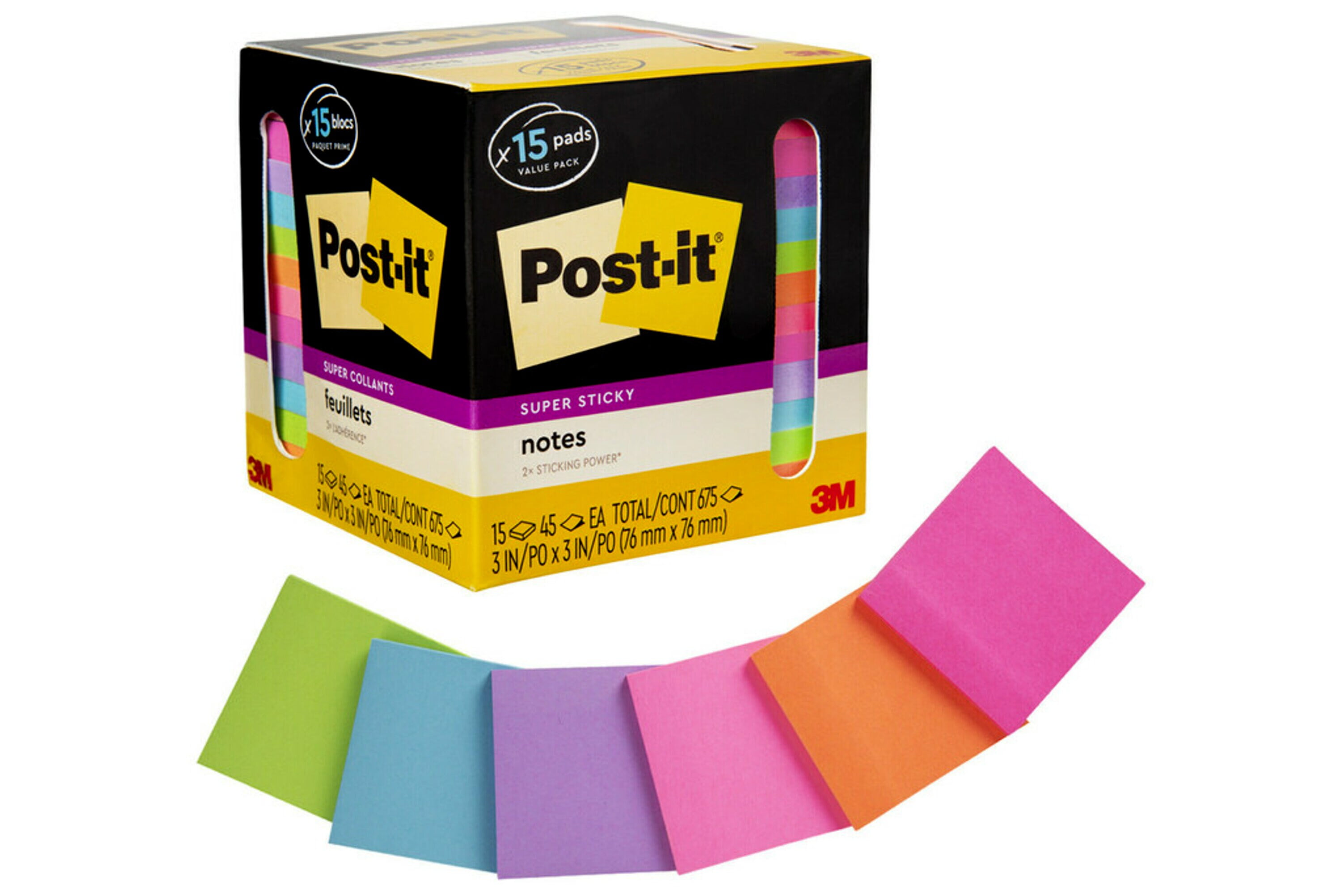 3M Post-it® Notes Assorted Neon Colours Self Adhesive Memo 24 Pads 76x76mm  Stick