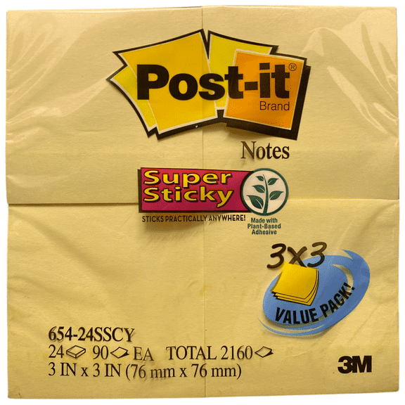 Post it® Super Sticky Notes, 3" x 3", Canary Yellow, Pack Of 24 Pads