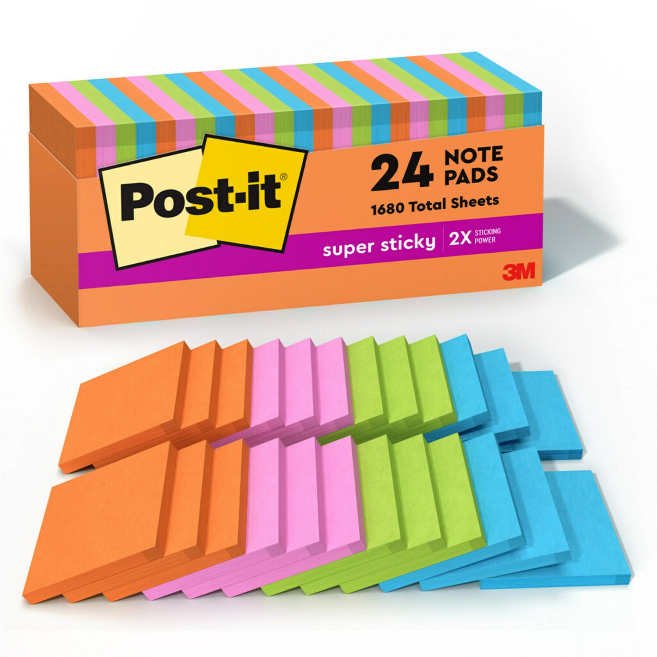 Post-it Full Stick Super Sticky Notes, Energy Boost Collection, 3x3 in., 70 Sheets, 24 Pads