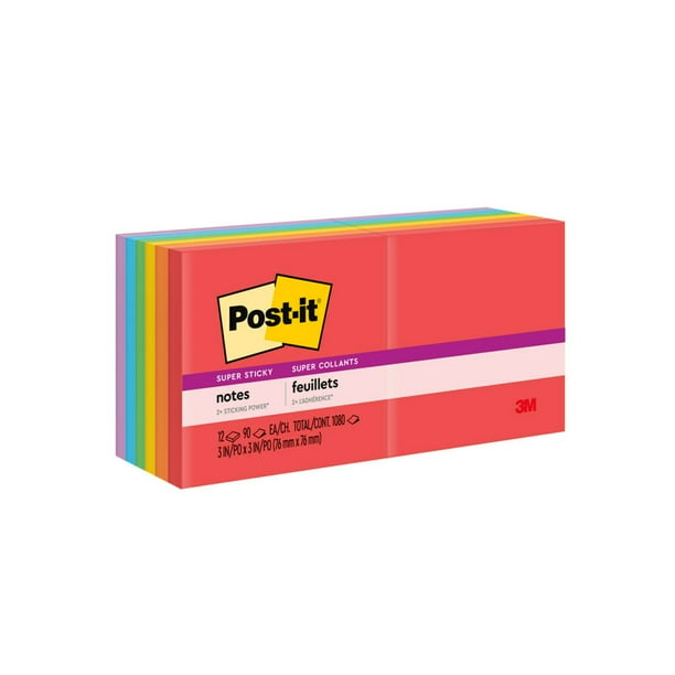 Postit Super Sticky Notes, 3 in x 3 in, Playful Primaries, 12 Pads