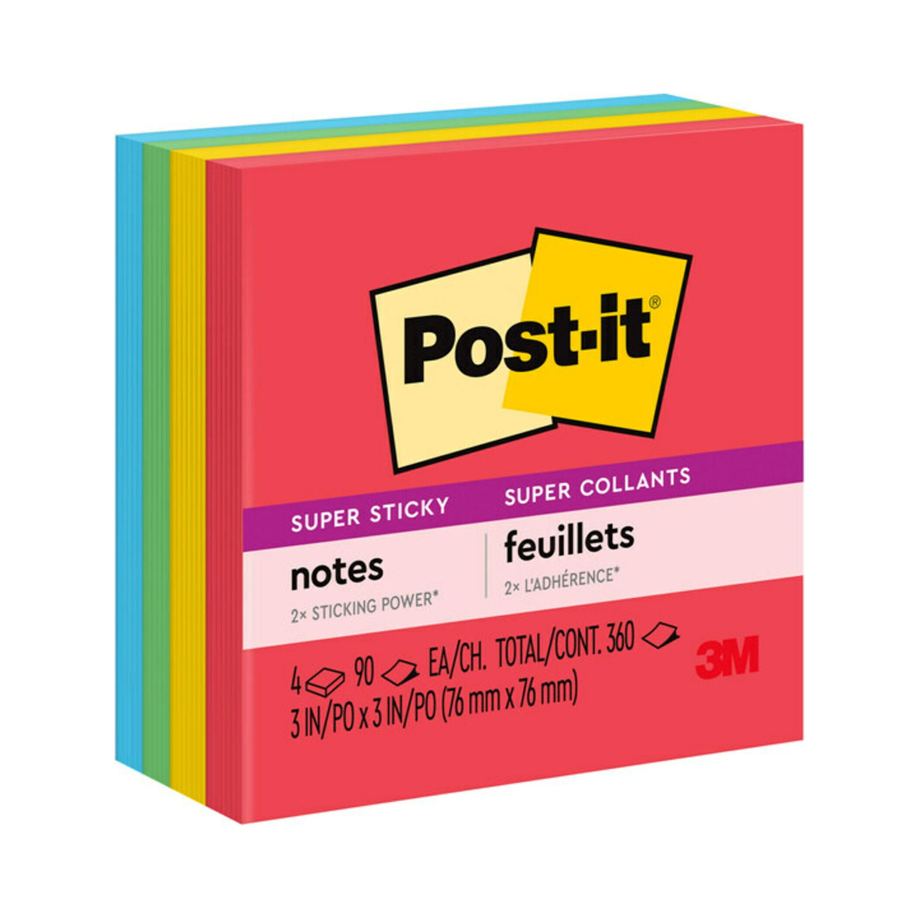 Post-it Super Sticky Notes, 3 in. x 3 in., Playful Primaries, 4 Pads