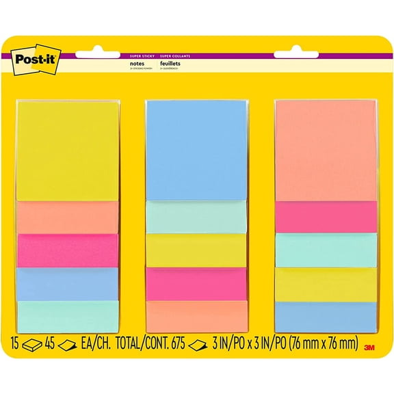 Post-it Super Sticky Notes, 3 in. x 3 in., Summer Joy Collection, 15 Pads/Pack, 45 Sheets/Pad