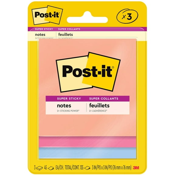 Post-it Super Sticky Notes, 3 x 3 in, Summer Joy, 3 Pads, 45 Sheets/Pad