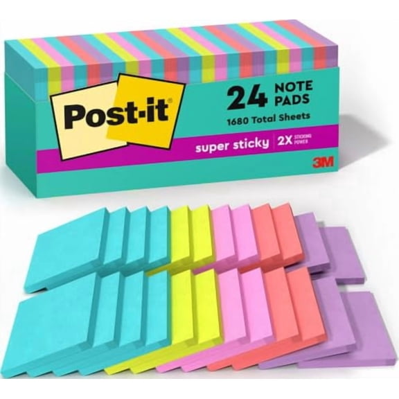 Post-it Super Sticky Notes, 3 in. x 3 in., Supernova Neons, 24 Pads